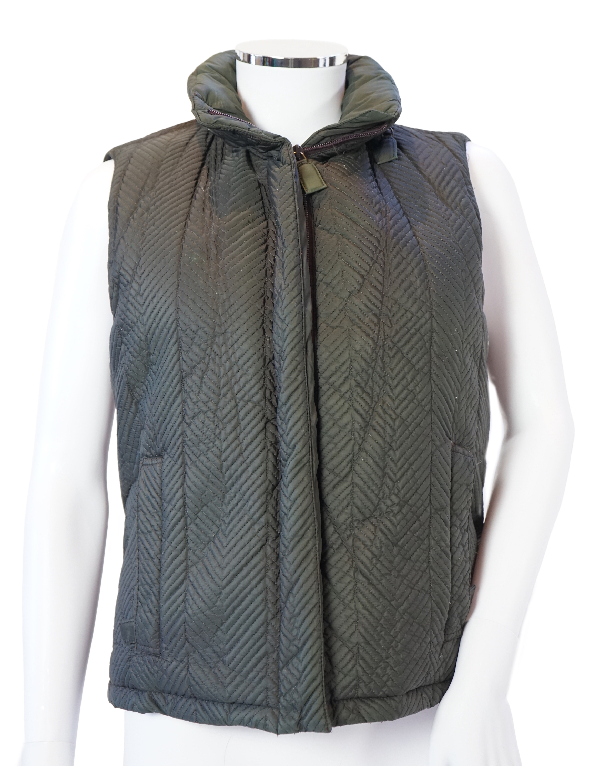 A Prada quilted olive green and brown lady's gilet with hood in collar, size M